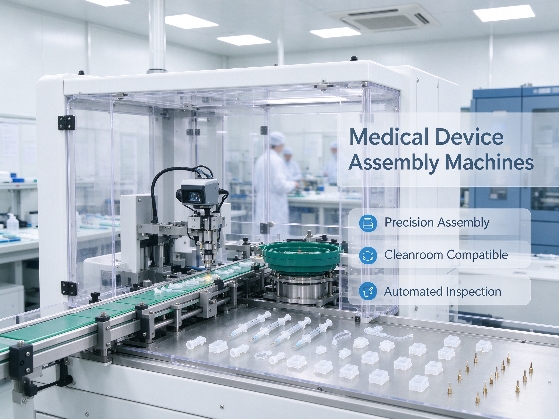Automated medical device assembly machines with high precision and clean compatibility.